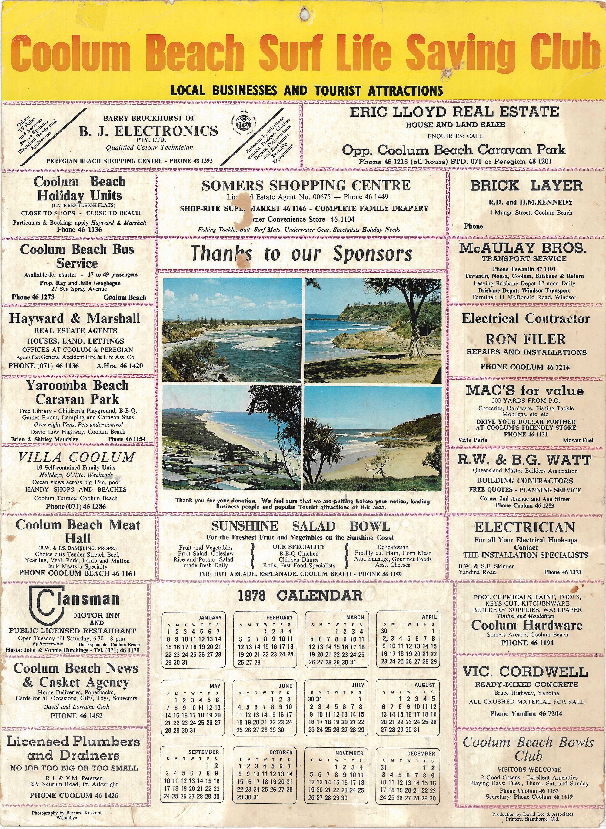 Coolum Beach Surf Life Saving Club Business Calendar - 1978
