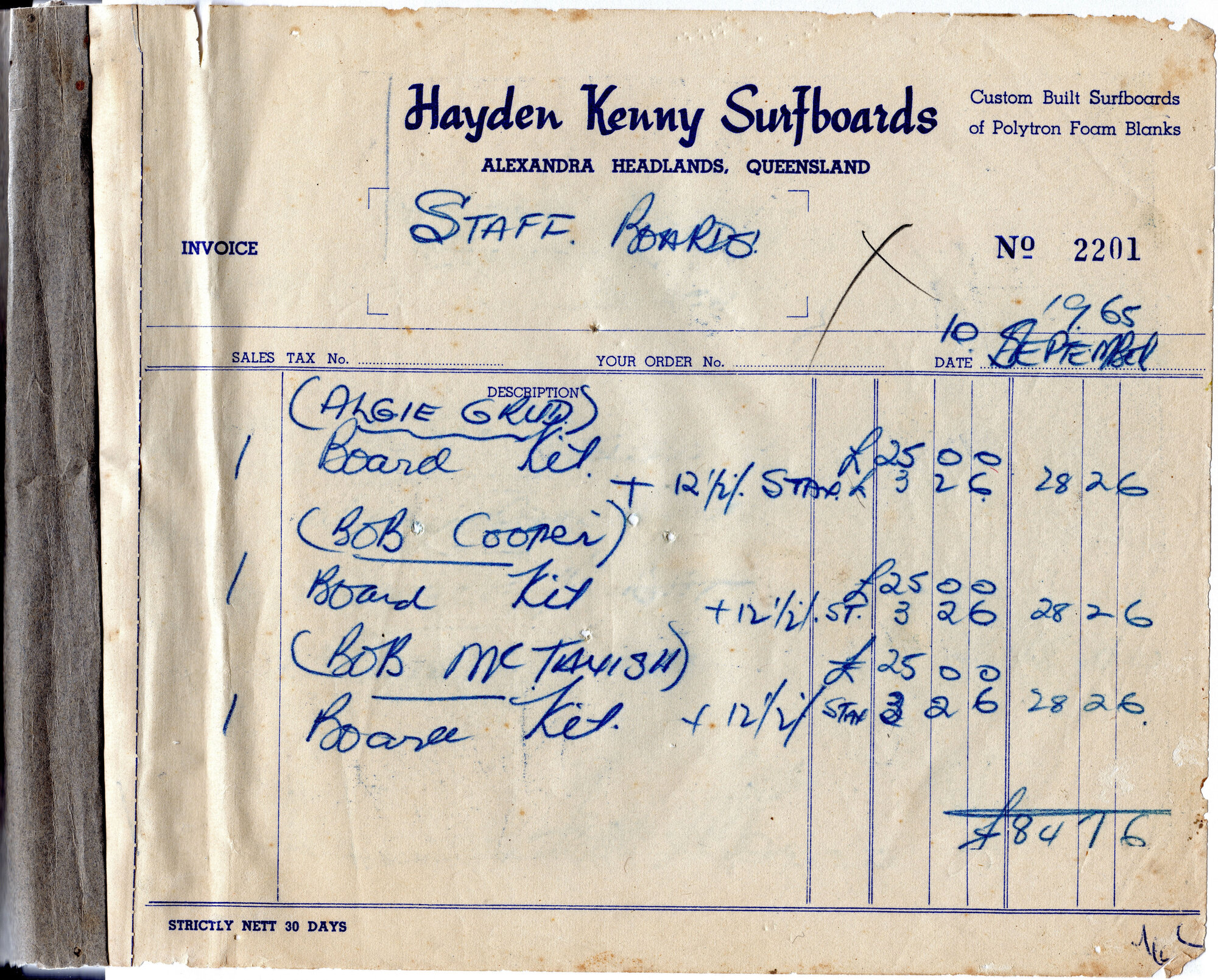 Hayden Kenny Surfboards invoice