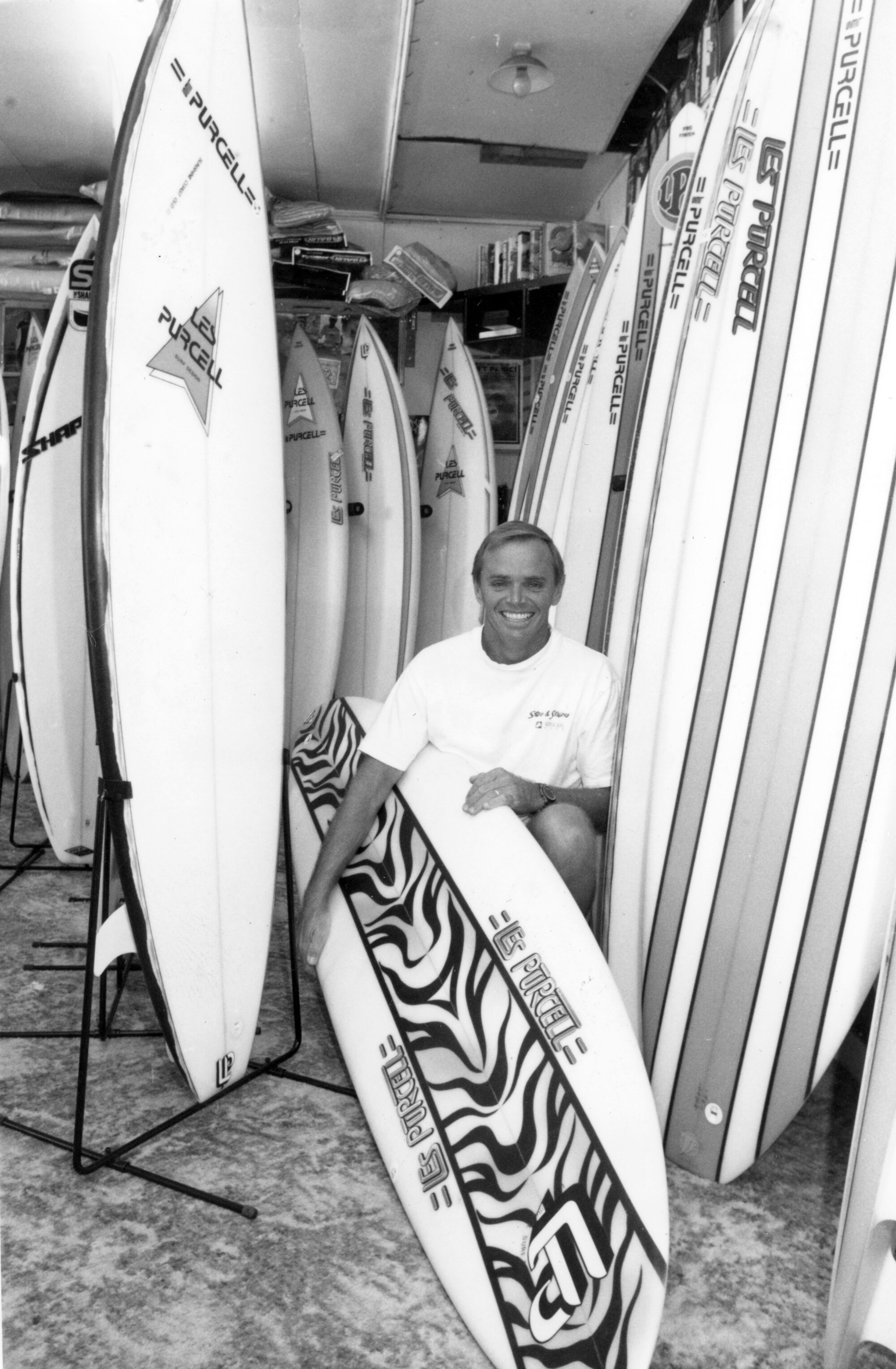 Les with surfboard, 1988