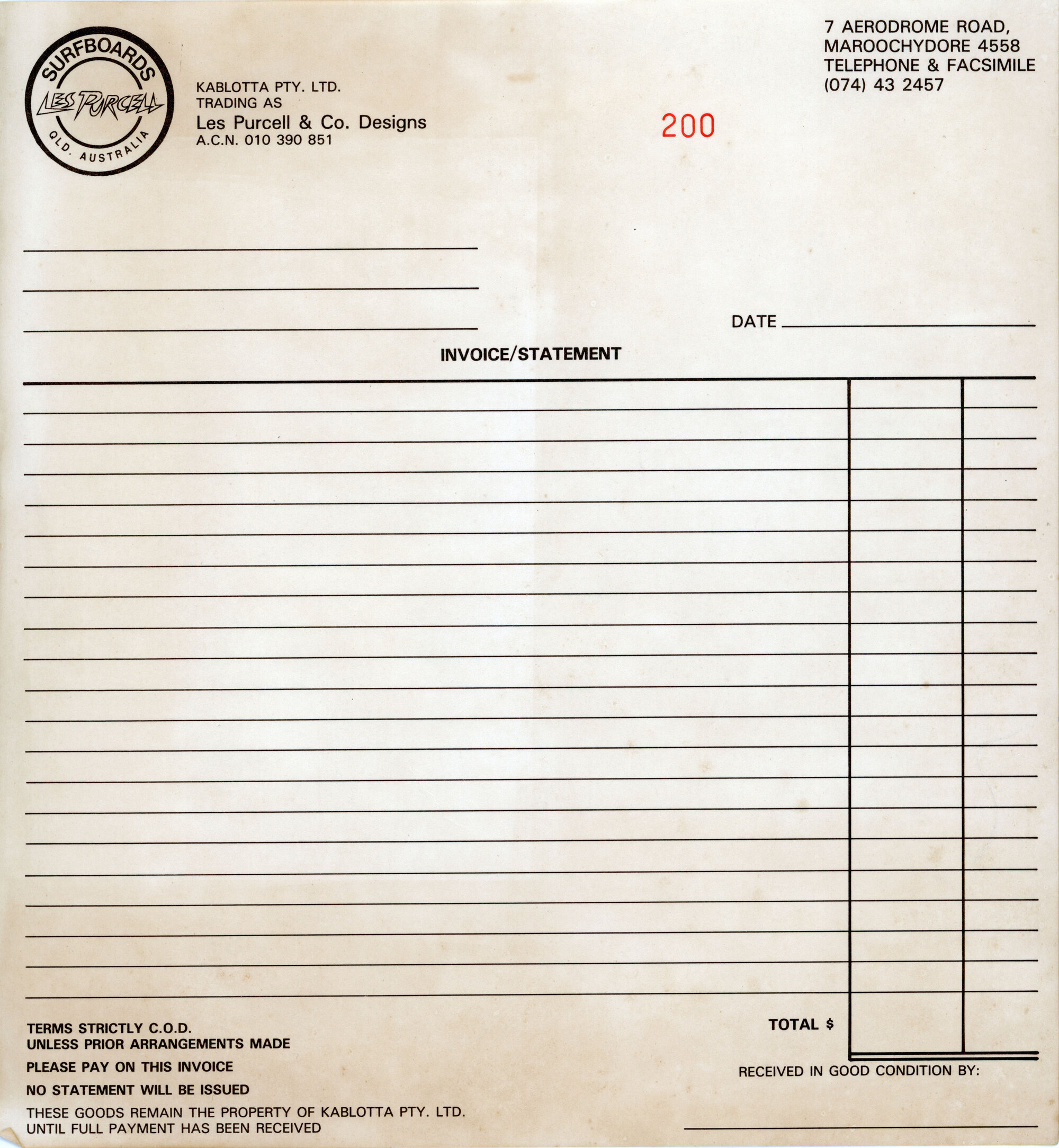 Les Purcell Surfboards Invoice 