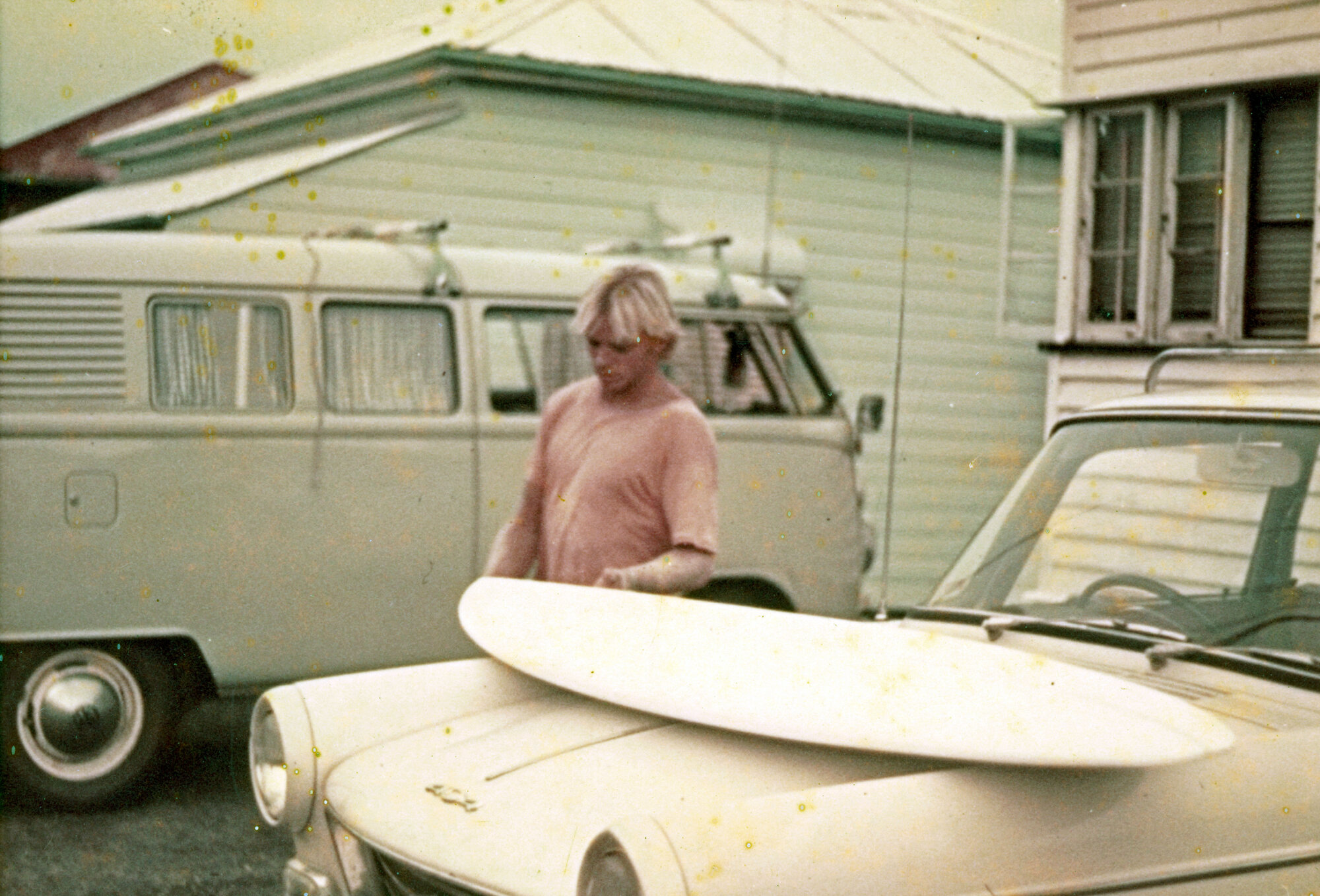 Les with a surfboard, combi van, 1969 