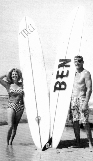 Ma and Pa Bendall of Caloundra, posing with their surfboards, 1967