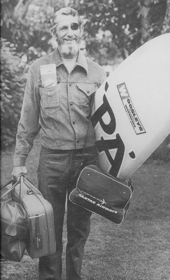 Charles (Pa) Bendall of Caloundra ready to depart for a surfing safari, ca 1964