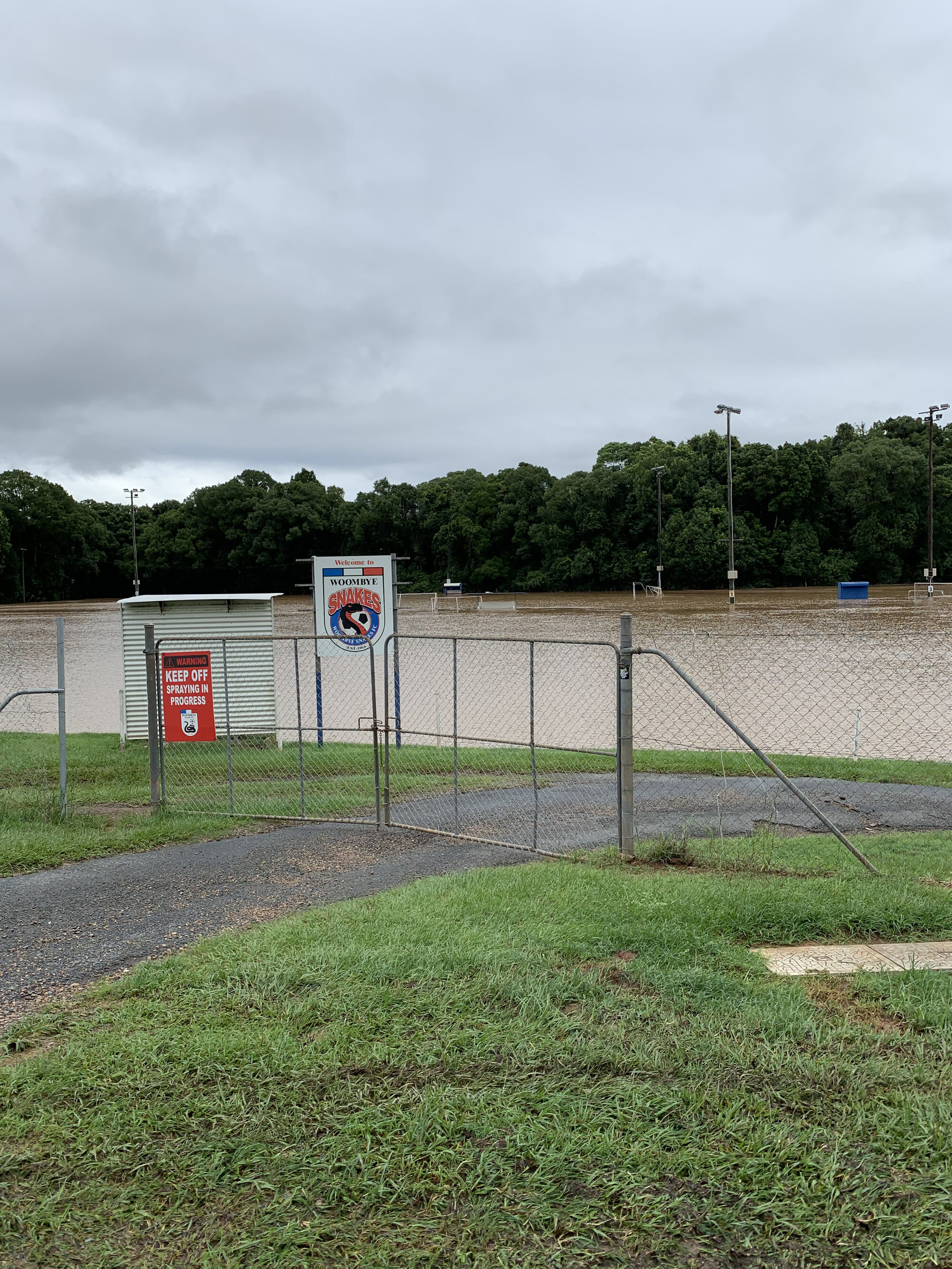Flood waters at the Woombye Soccer Club. February 2022
