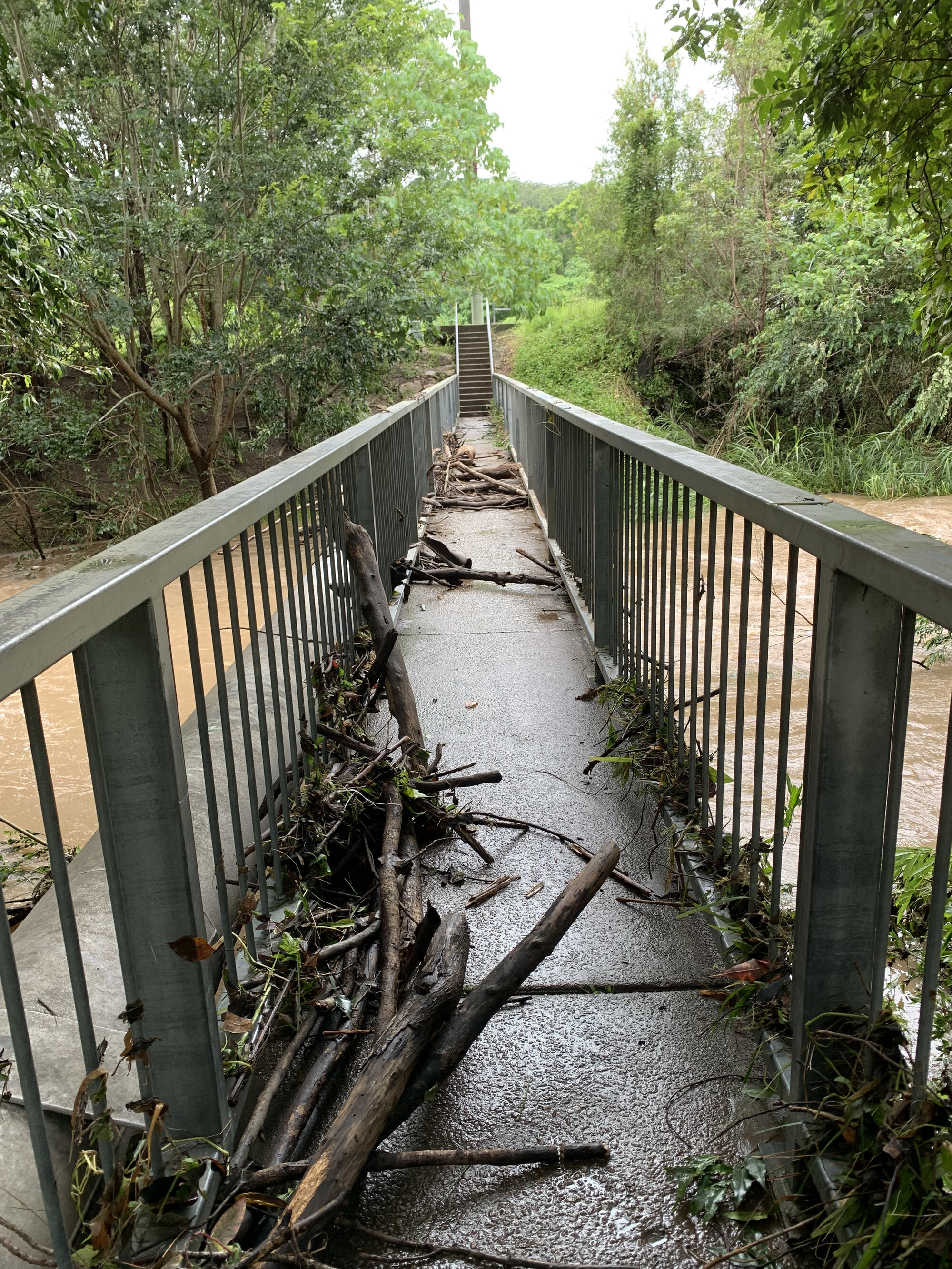 Flood debris on the pedestrian bridge at Quota Park, Nambour. February 2022
