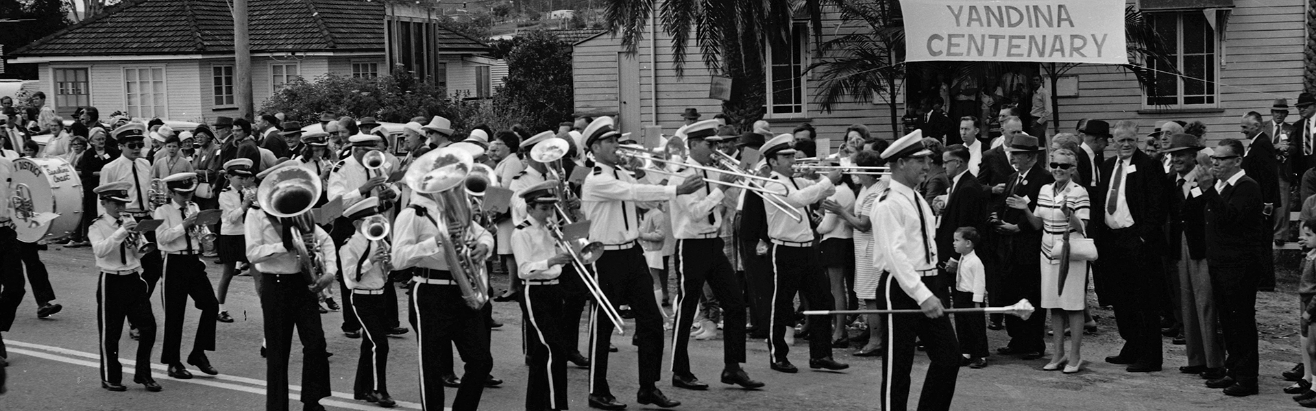 Maroochy District Band in the Yandina Centenary procession, Blackall Street