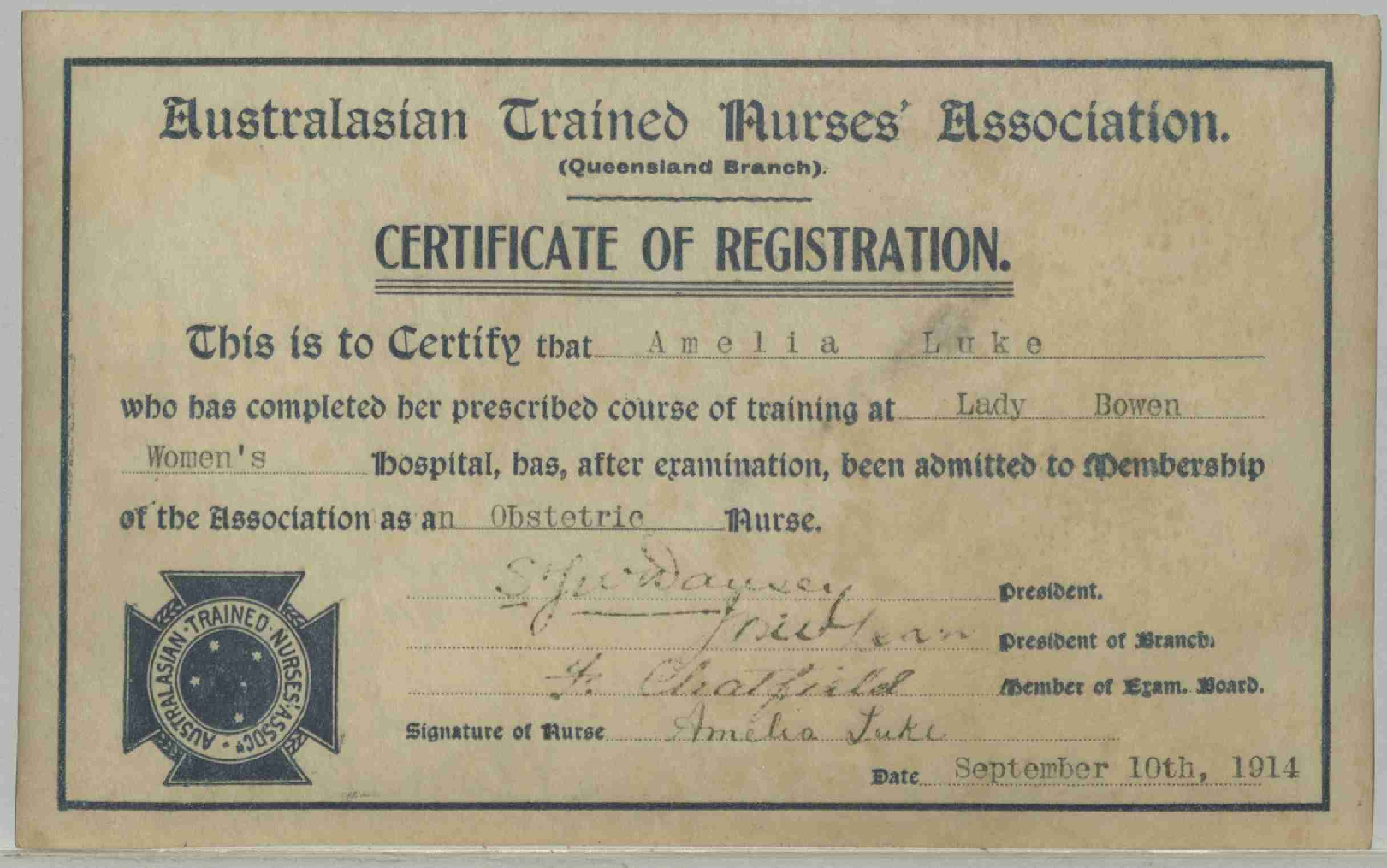 Certificate of Registration, Australasian Trained Nurses' Association