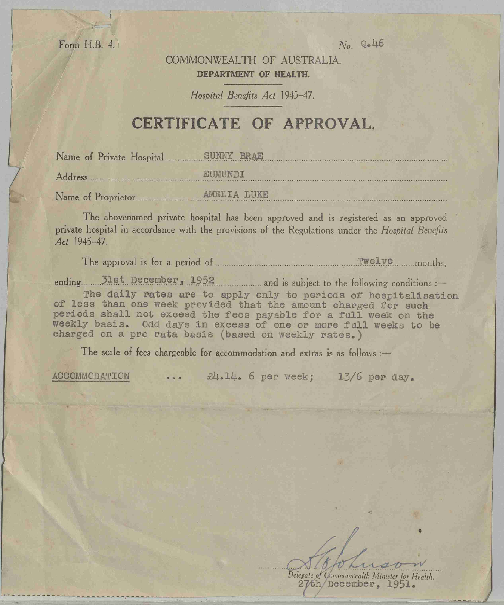 1952 Certificate of Approval from the Commonwealth Department of Health
