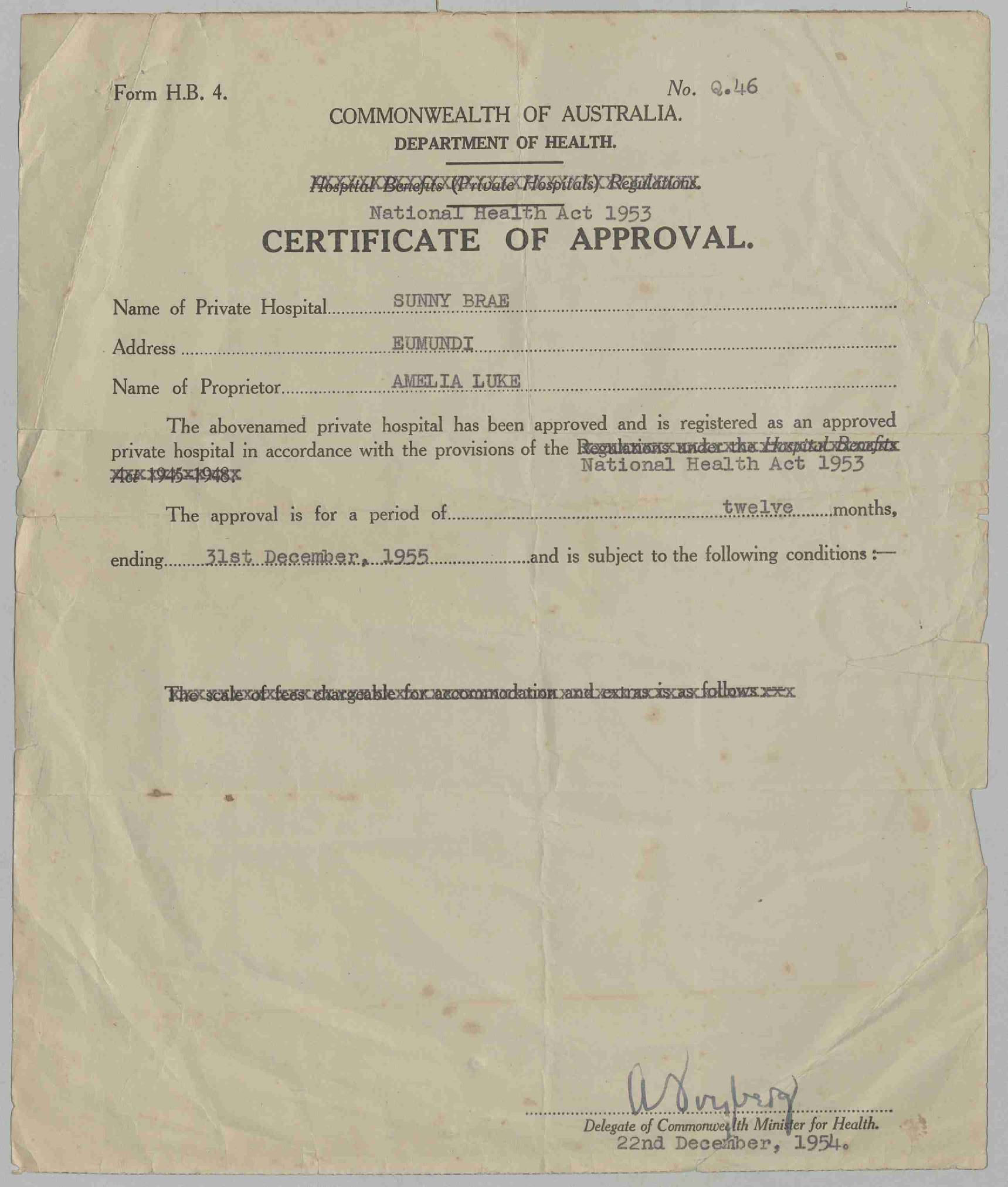 1961 Certificate of Approval from the Commonwealth Department of Health