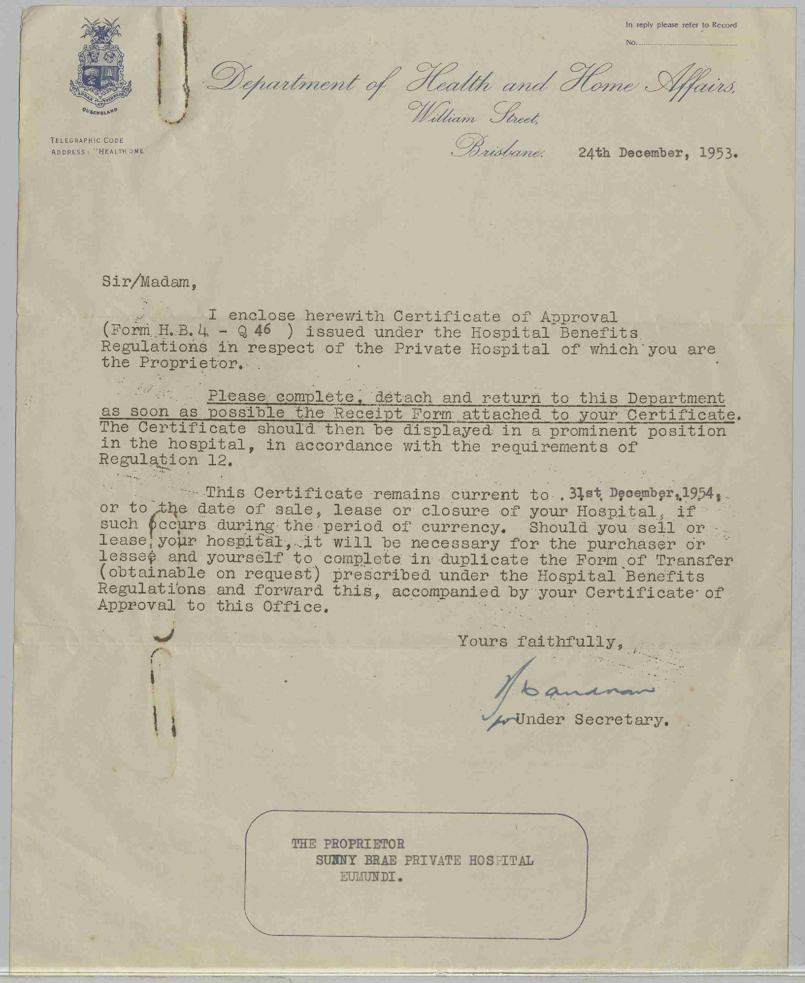 Department of Health and Home Affairs letter enclosing Certificate of Approval