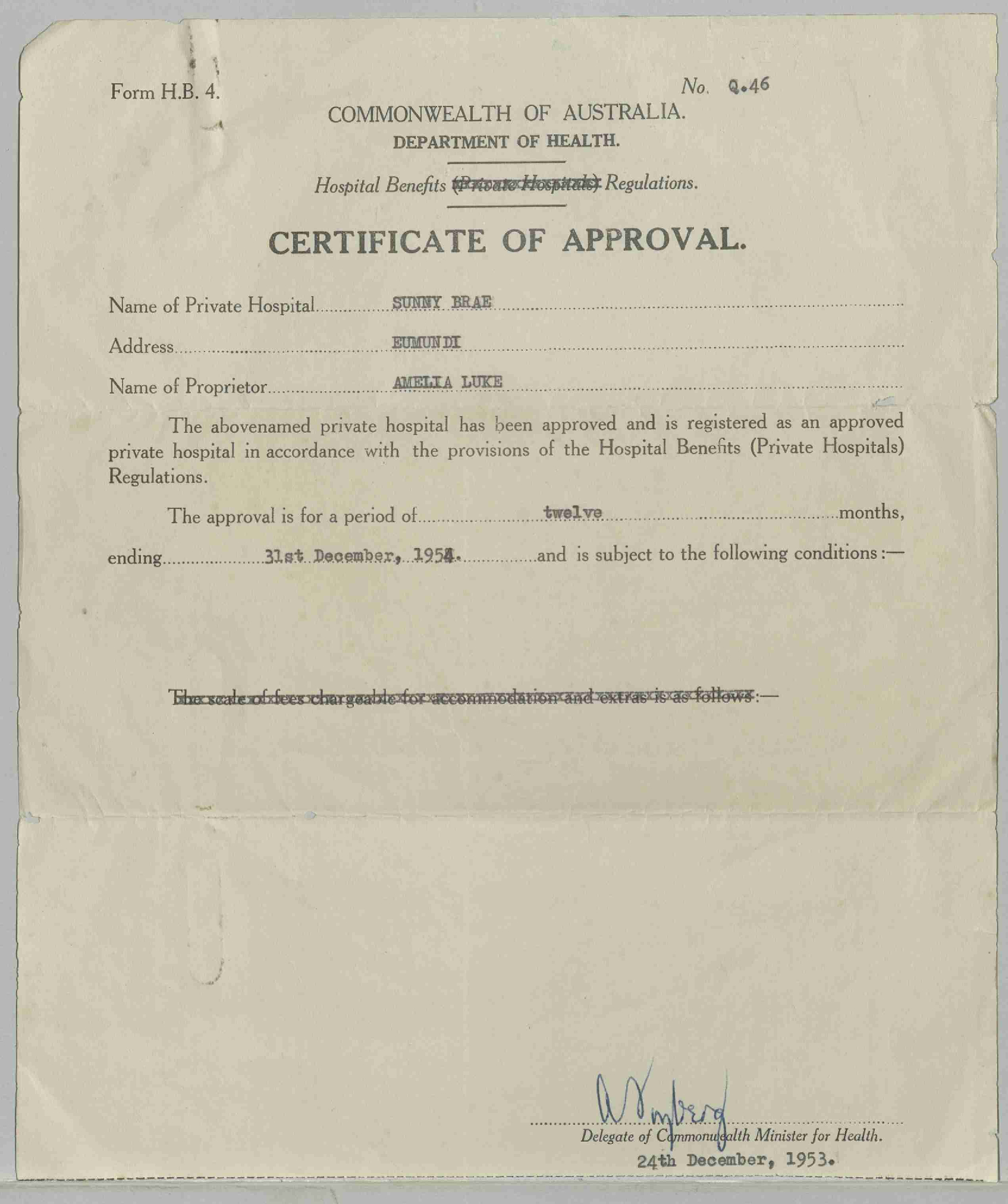 1954 Certificate of Approval from the Commonwealth Department of Health