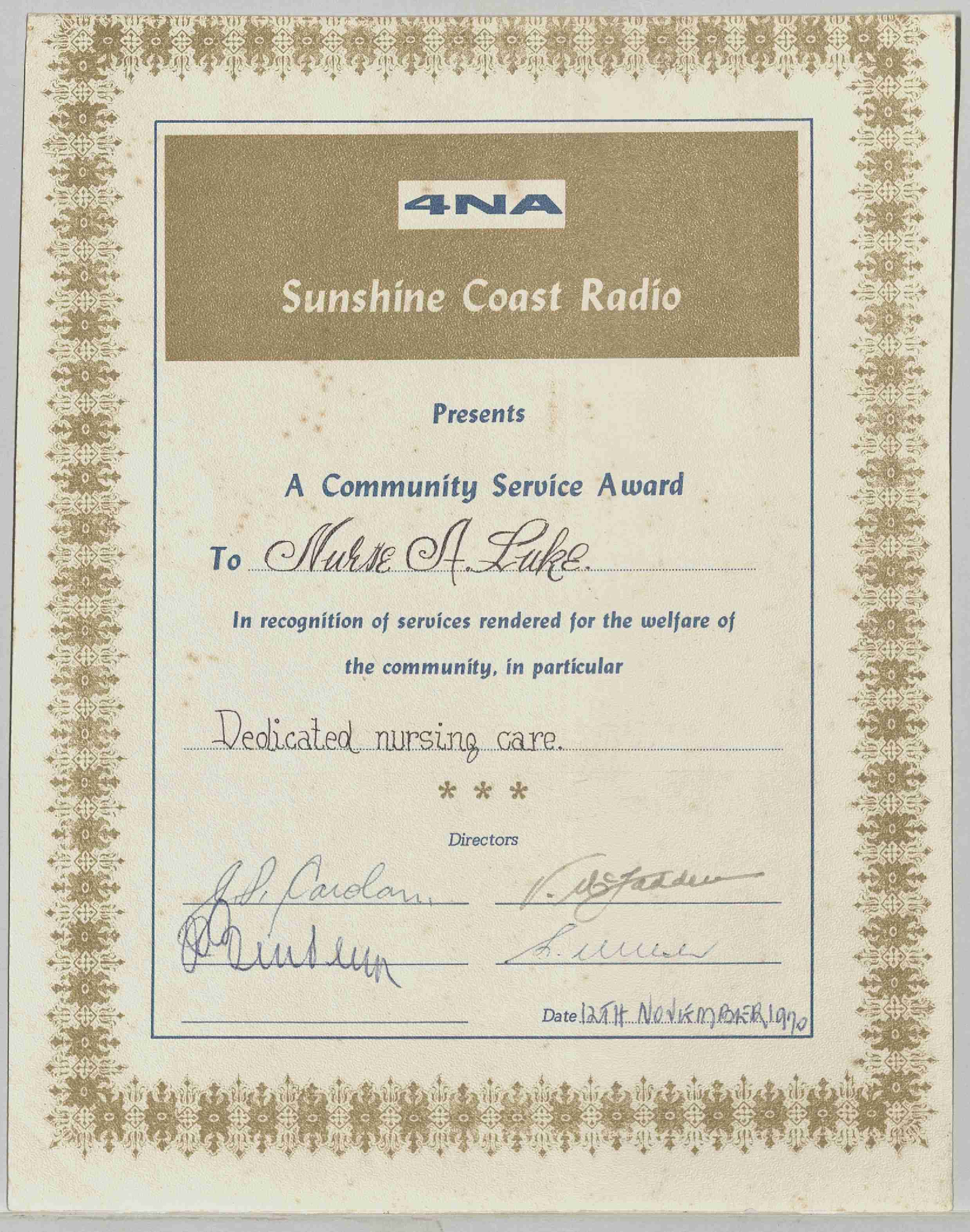 4NA Sunshine Coast Radio Community Service Award for Nurse A Luke, Dedicated nursing care.