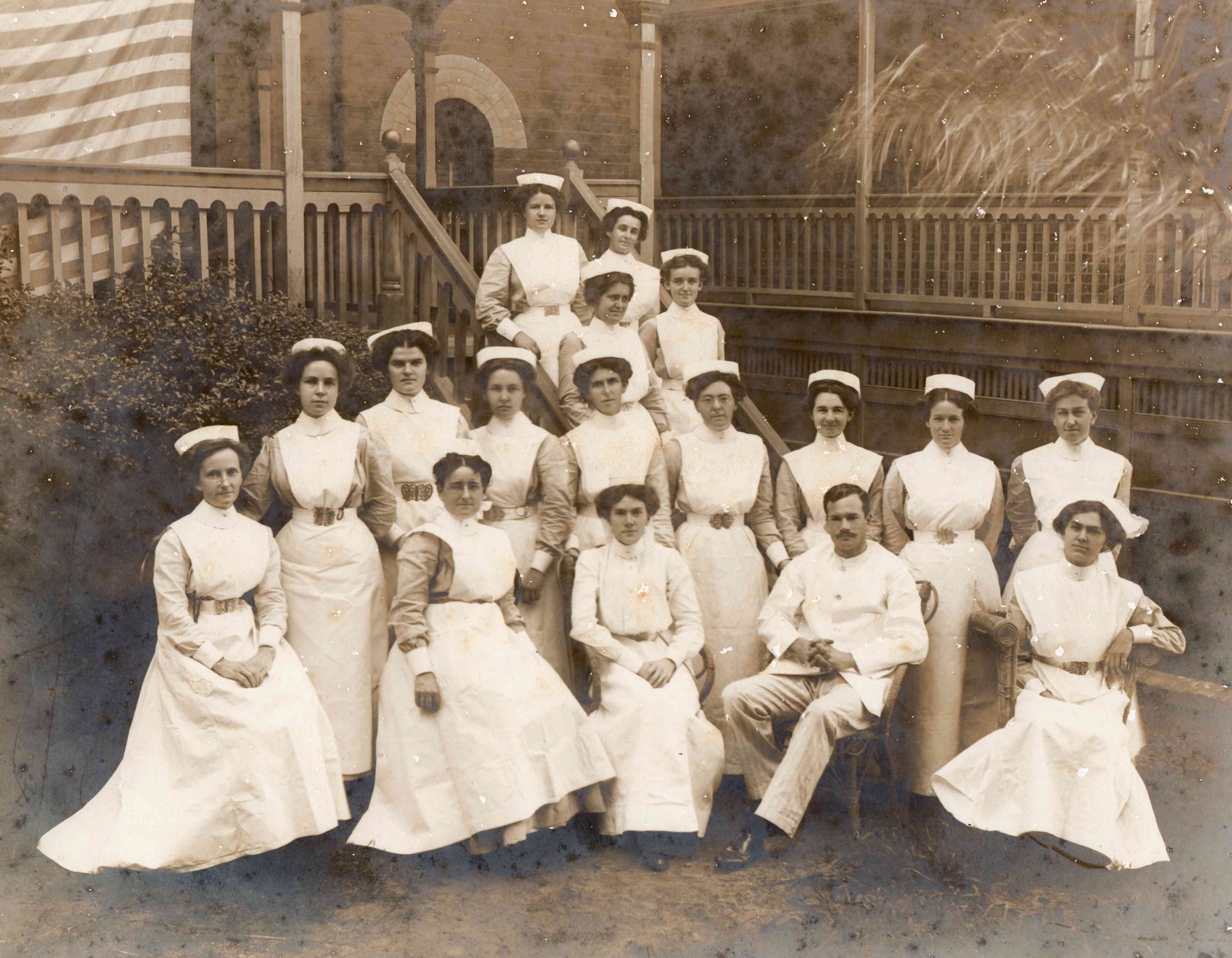 The "Lady Bowen" Hospital, Brisbane, Amelia Luke last on steps at left