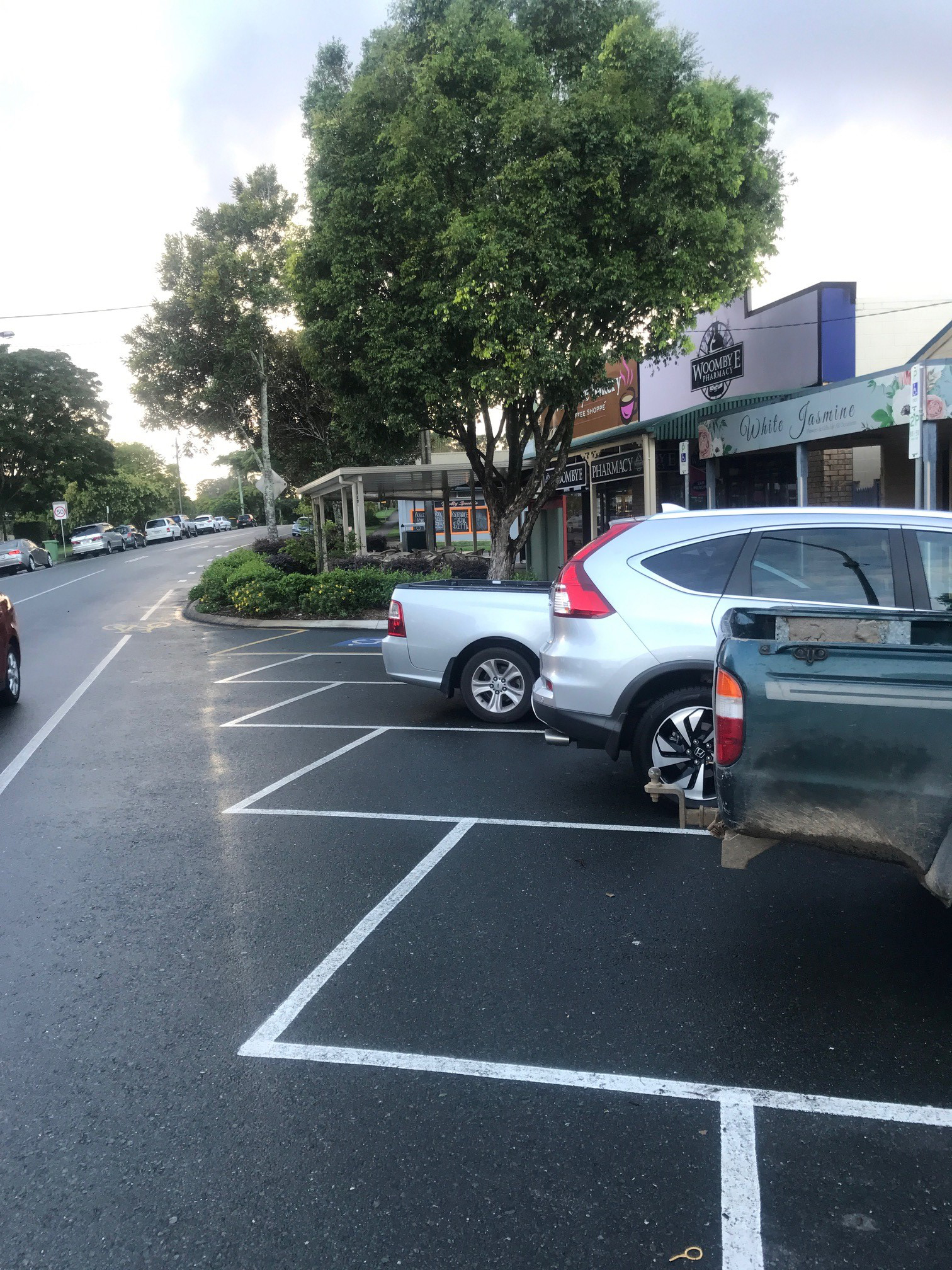 Shops and cars on Blackall Street, Woombye