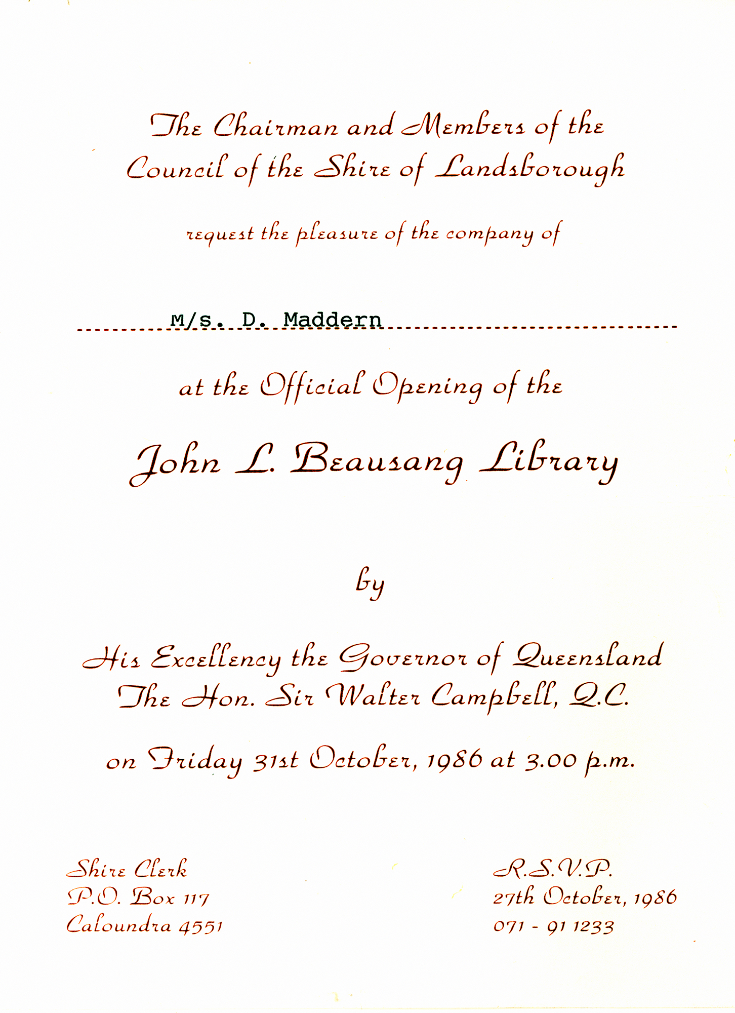 Invitation to attend the official opening of the John L Beausang Library, Caloundra addressed to Dawn Maddern, 1986