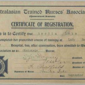 Certificate of Registration, Australasian Trained Nurses' Association