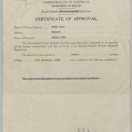 1954 Certificate of Approval from the Commonwealth Department of Health