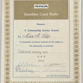 4NA Sunshine Coast Radio Community Service Award for Nurse A Luke, Dedicated nursing care.