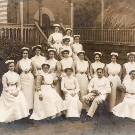 The "Lady Bowen" Hospital, Brisbane, Amelia Luke last on steps at left