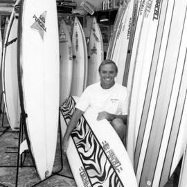 Les with surfboard, 1988