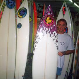 Les Purcell with board, ca 1980