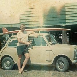 Les with his surfboard on his mini, 1966 
