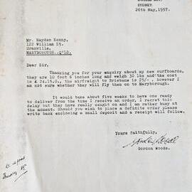 Letter from Gordon Woods confirming surfboard details