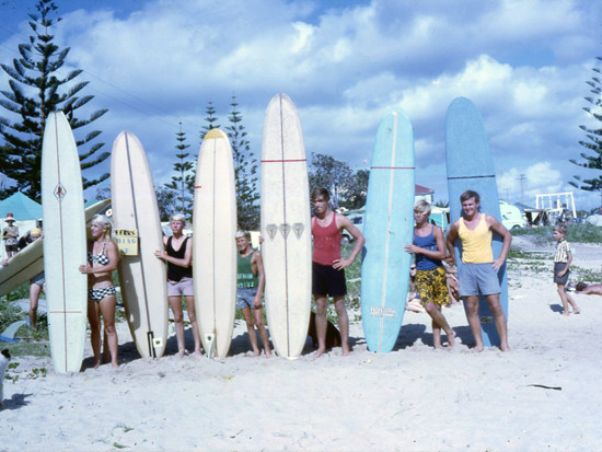 Moffateers nose riding surfing competition at Moffat Beach, Caloundra, ca. 1967.