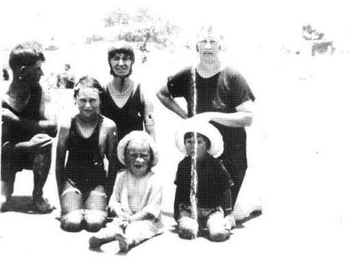 Johnson family at Maroochydore Beach, 1925. Pictured: Dora, Eric, Myrtle, Pearl.