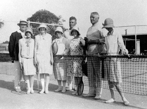 Jean Mackay, Claire Byrne, Dulcie and Alice Birrell at the Caloundra House tennis courts, ca 1927.
